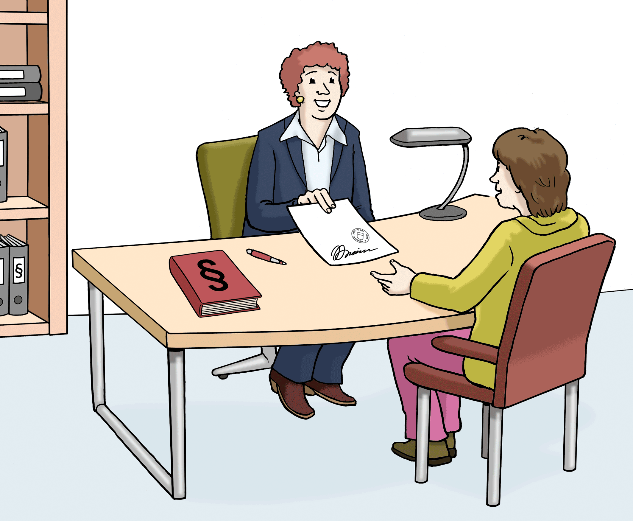 Person gibt beglaubtigten Papier anderer Person am Tisch