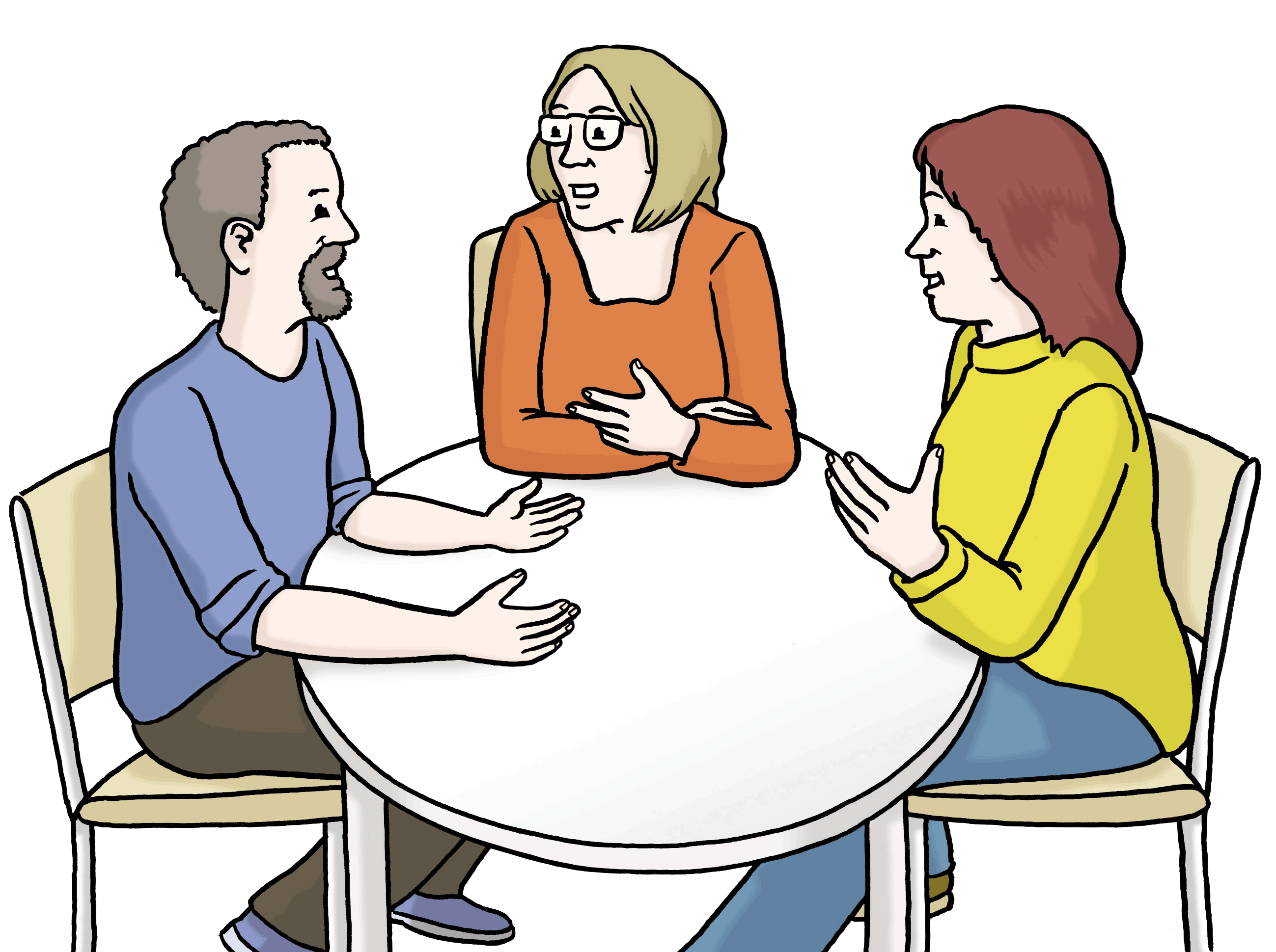 Drei Personen sitzend diskutierend an einem Tisch