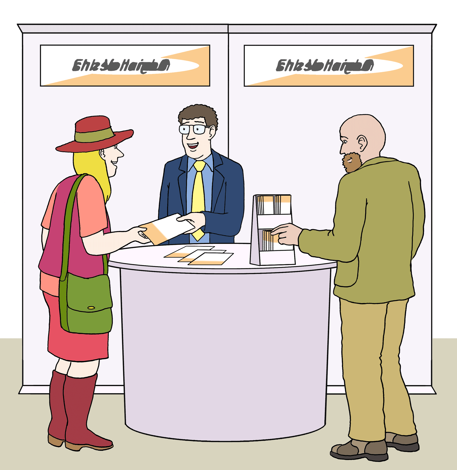 Person berät zwei Personen an einem Messestand