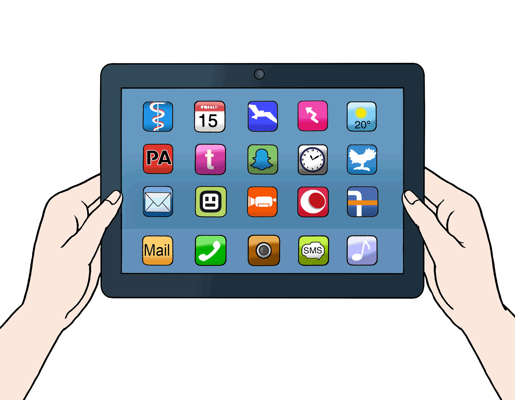 Zwei Hände halten ein Tablet mit vielen Apps