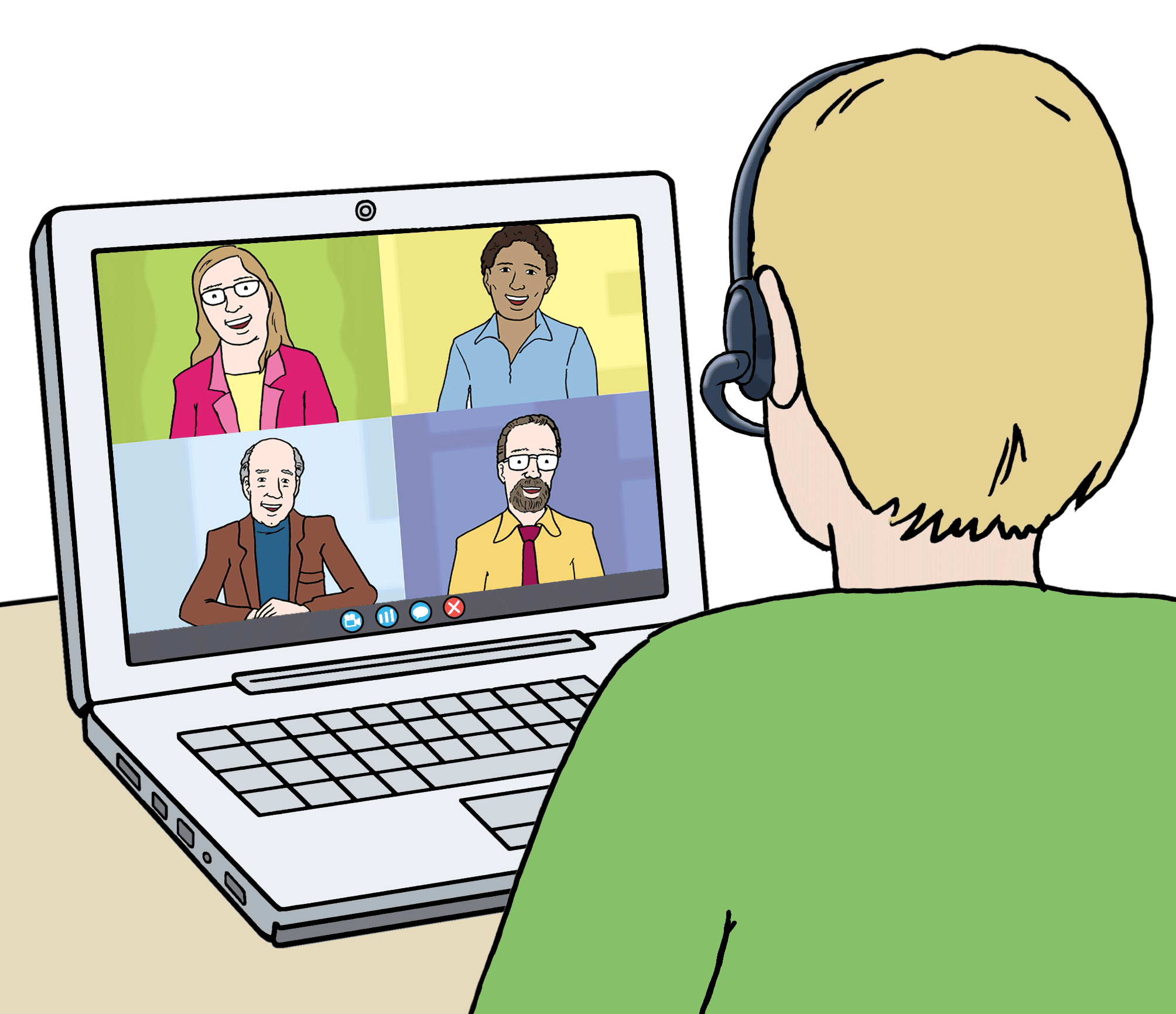 Person sitzt vor Laptop mit Videokonferenz